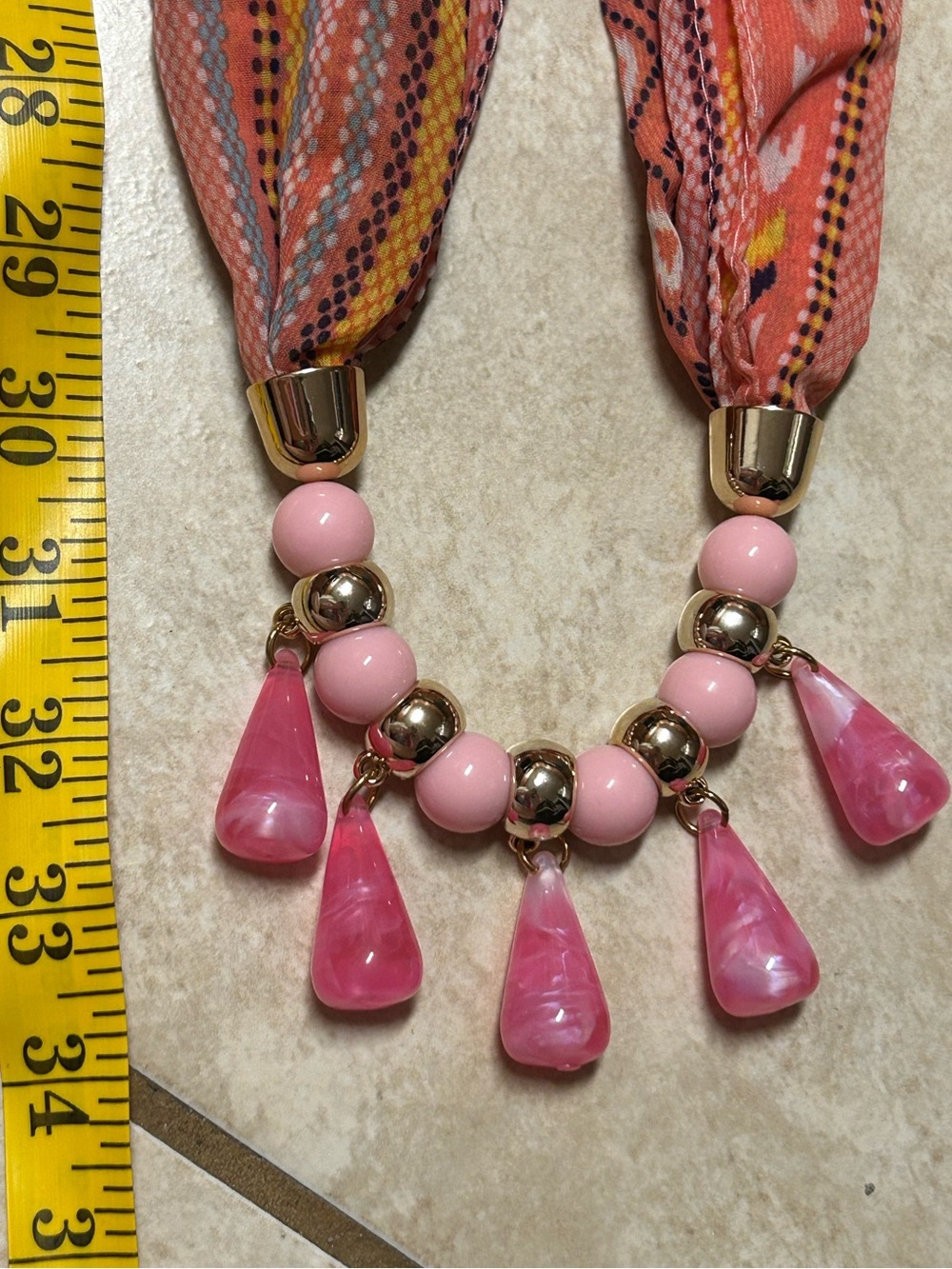 Pink Multi-Stripe Fabric Necklace Scarf with Beaded Tassels